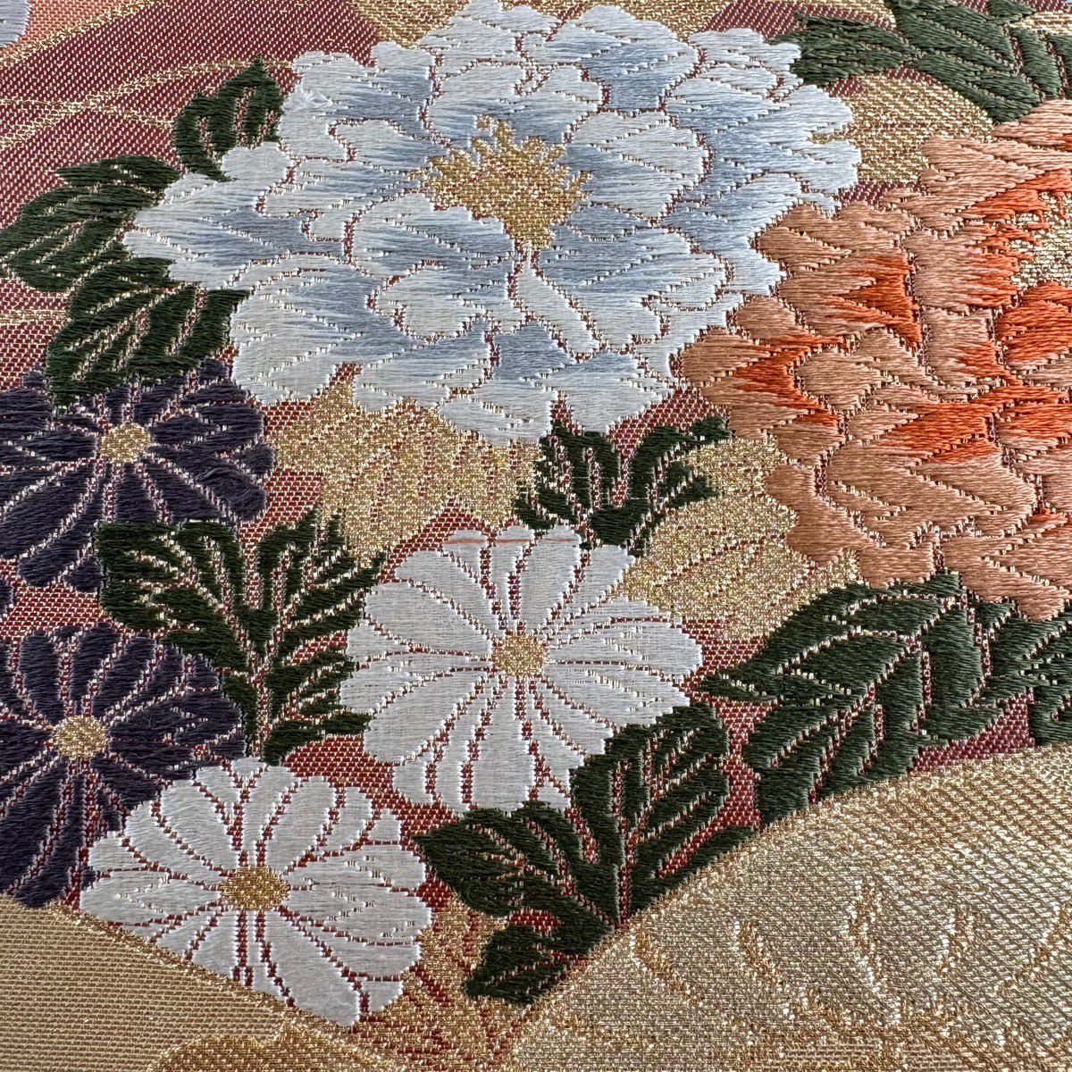 【美品】 袋帶 秀品級 扇子面 草花紋 金糸 金金箔 金 六通 純蠶絲