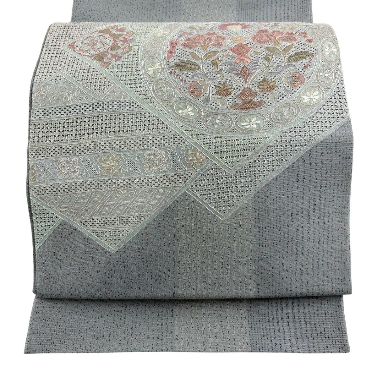 【美品】 袋帶 秀品級 草花紋 連珠紋 刺繡 灰 深藍色 正蠶絲