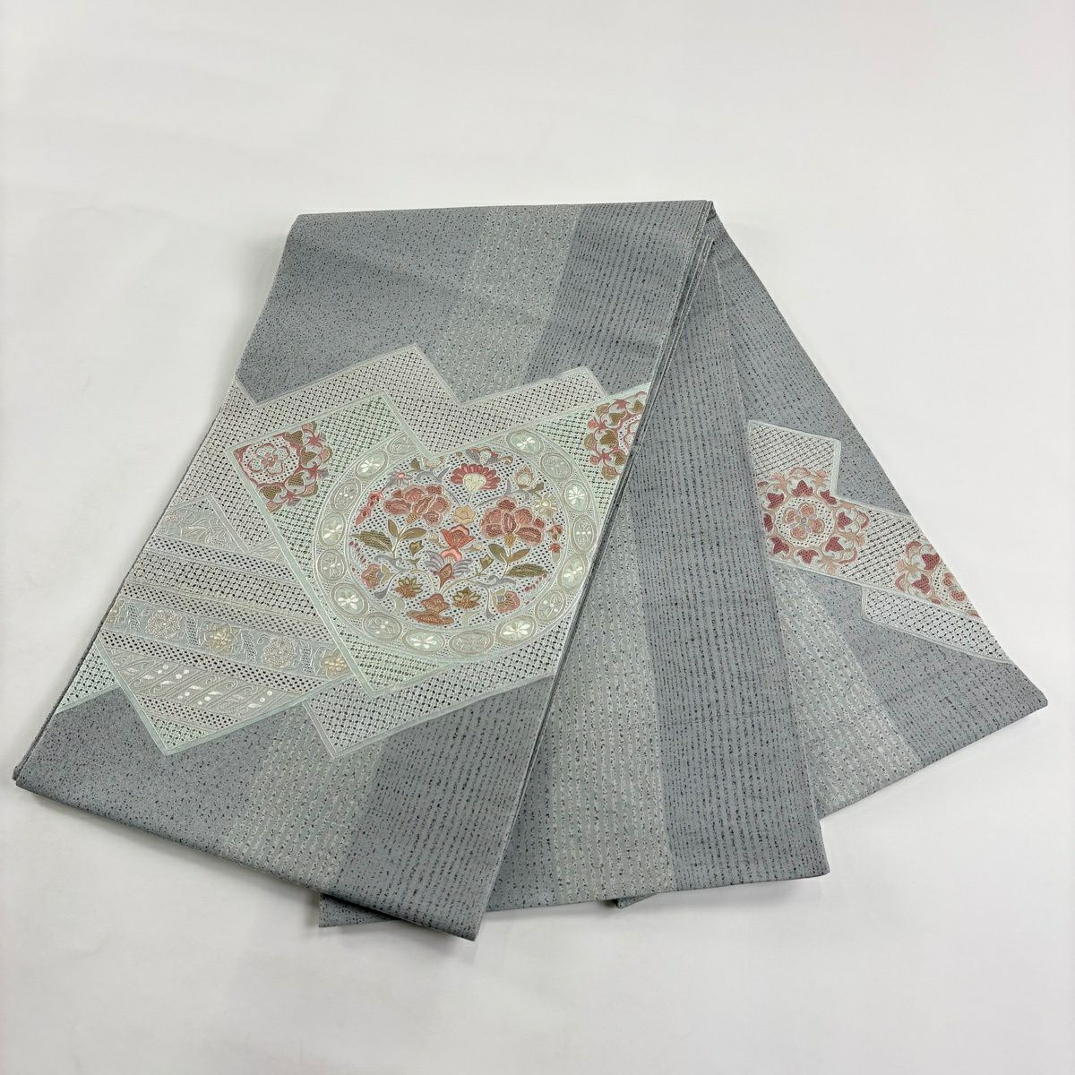 【美品】 袋帶 秀品級 草花紋 連珠紋 刺繡 灰 深藍色 正蠶絲