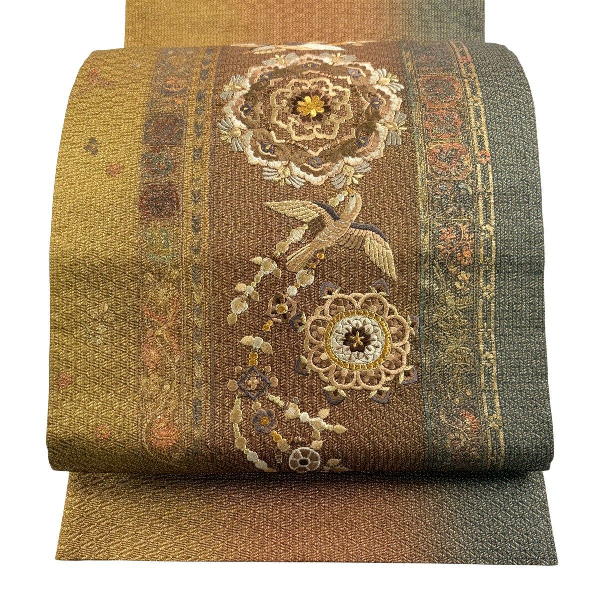 【美品】 袋帶 秀品級 華紋 鳥 刺繡 金糸 茶 お太鼓柄 純蠶絲