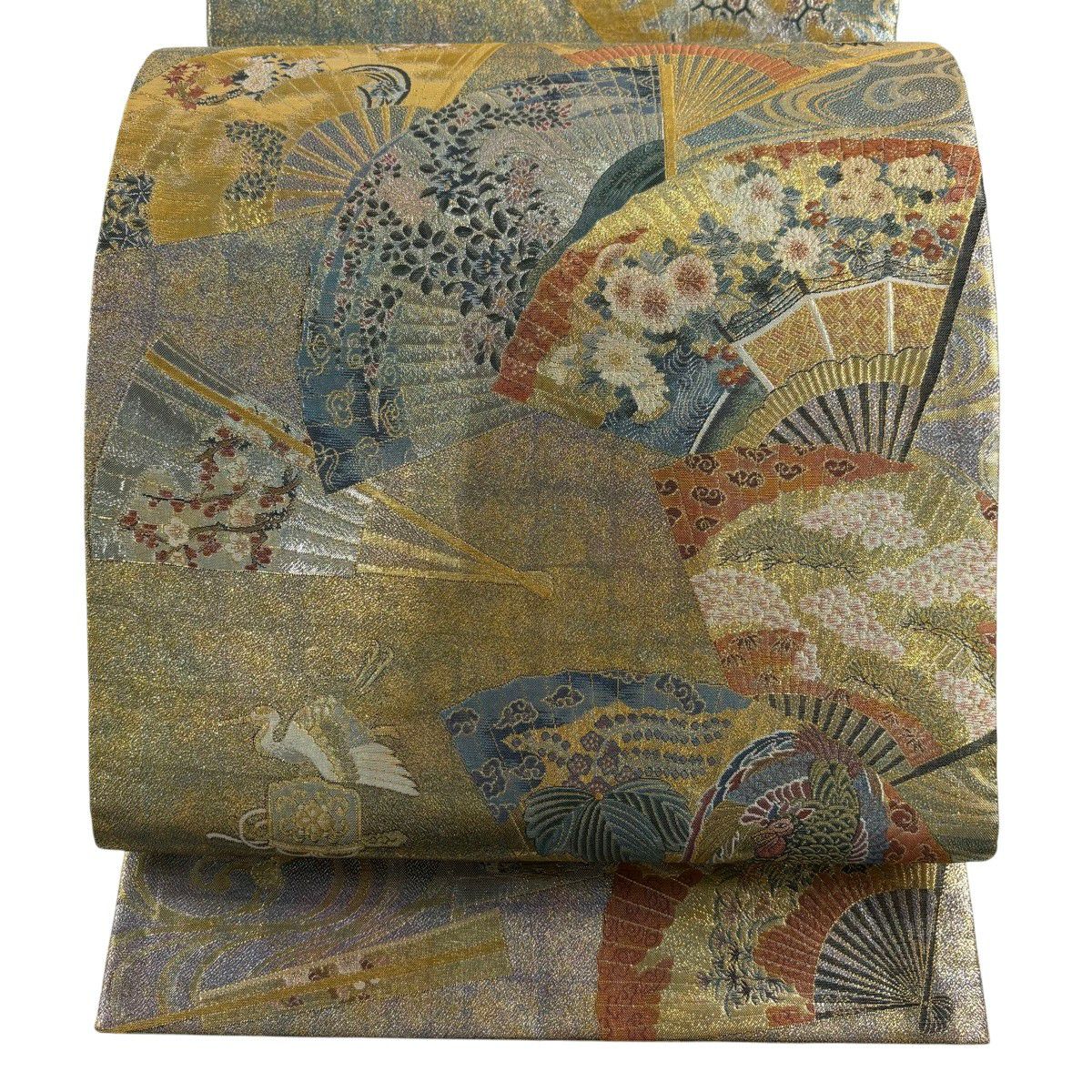 【美品】 袋帶 秀品級 附落款 徳川美術館秘藏 扇子 仙鶴 金金箔 金色 大鼓圖案 純蠶絲