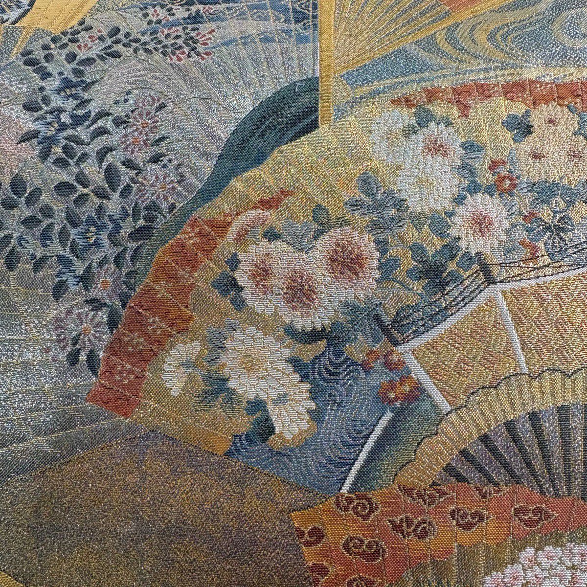 【美品】 袋帶 秀品級 附落款 徳川美術館秘藏 扇子 仙鶴 金金箔 金色 大鼓圖案 純蠶絲