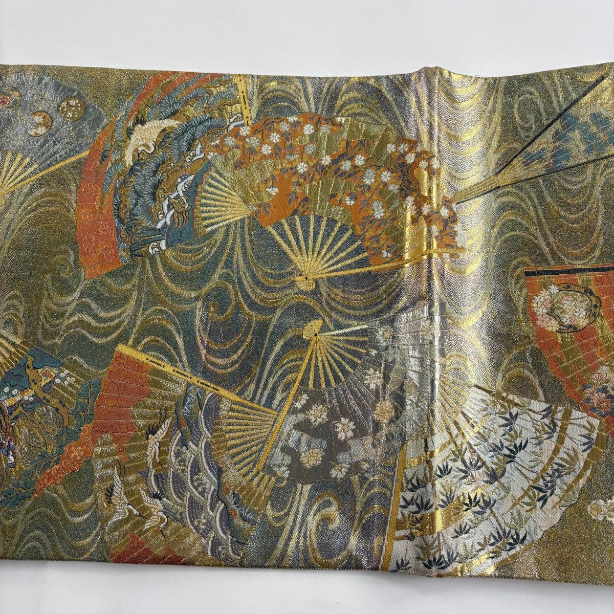 【美品】 袋帶 秀品級 附落款 徳川美術館秘藏 扇子 仙鶴 金金箔 金色 大鼓圖案 純蠶絲