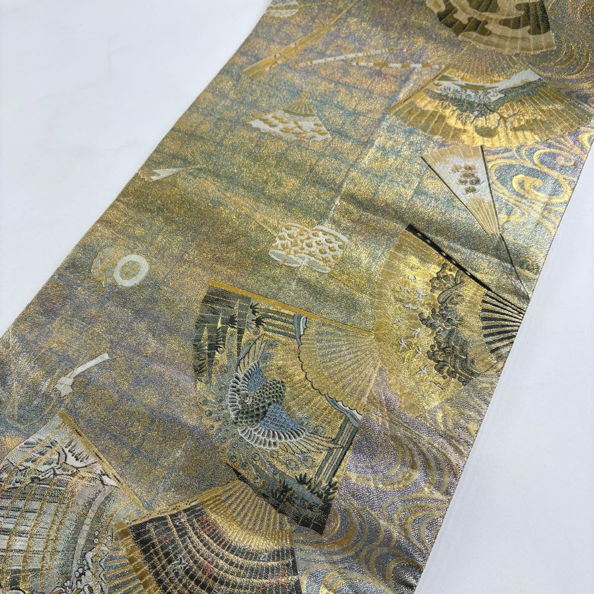 【美品】 袋帶 秀品級 附落款 徳川美術館秘藏 扇子 仙鶴 金金箔 金色 大鼓圖案 純蠶絲
