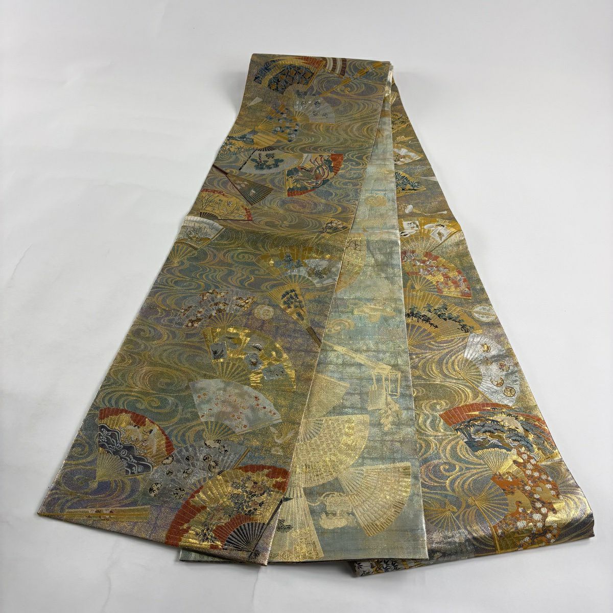 【美品】 袋帶 秀品級 附落款 徳川美術館秘藏 扇子 仙鶴 金金箔 金色 大鼓圖案 純蠶絲