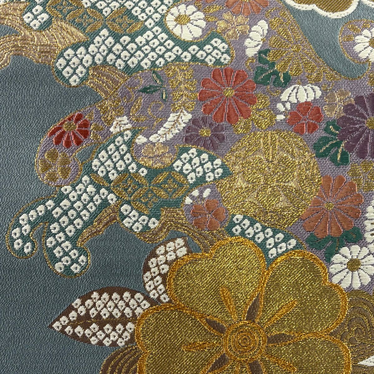 【美品】 袋帶 秀品級 樱花 波頭 金銀線 唐織 青灰 六通 純蠶絲