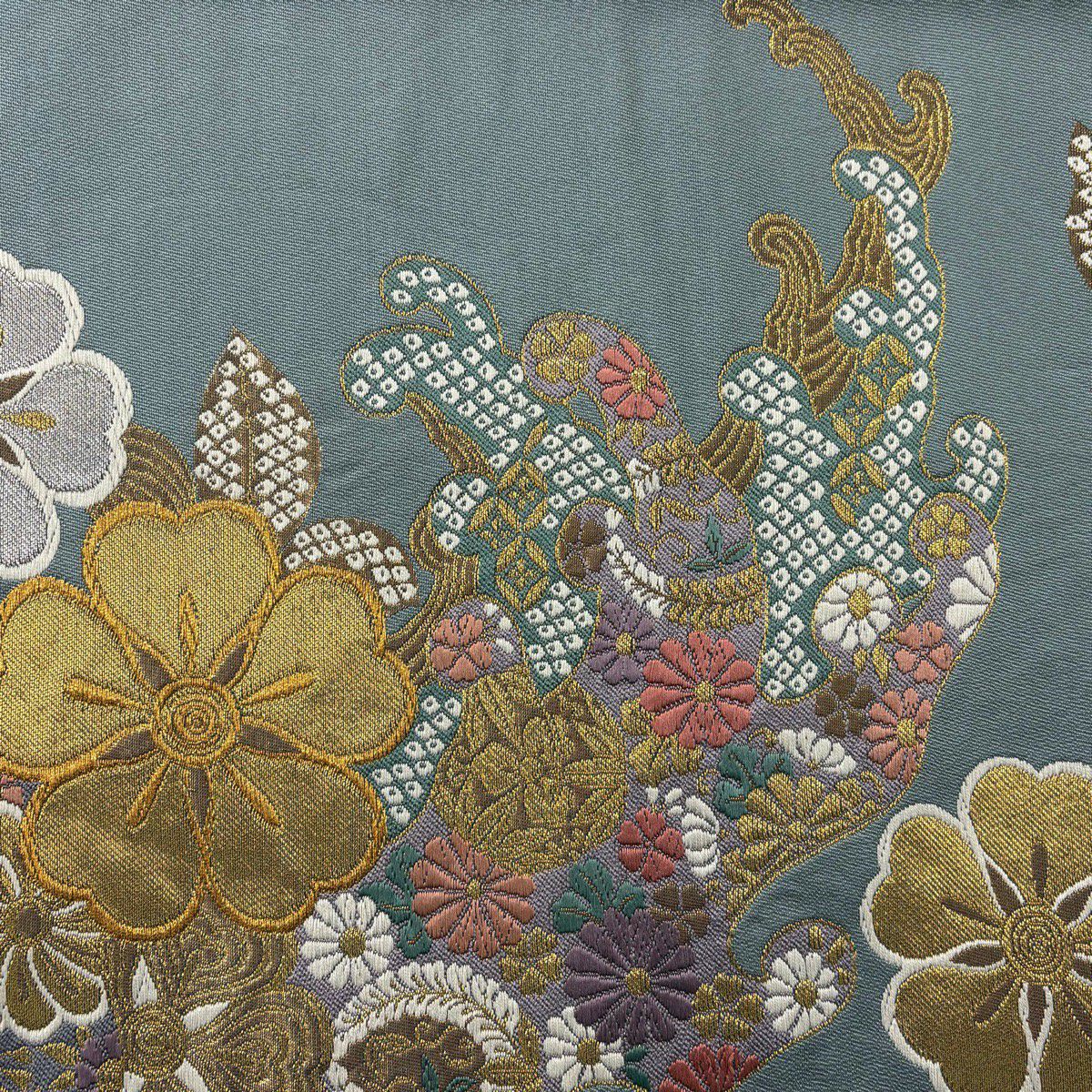 【美品】 袋帶 秀品級 樱花 波頭 金銀線 唐織 青灰 六通 純蠶絲