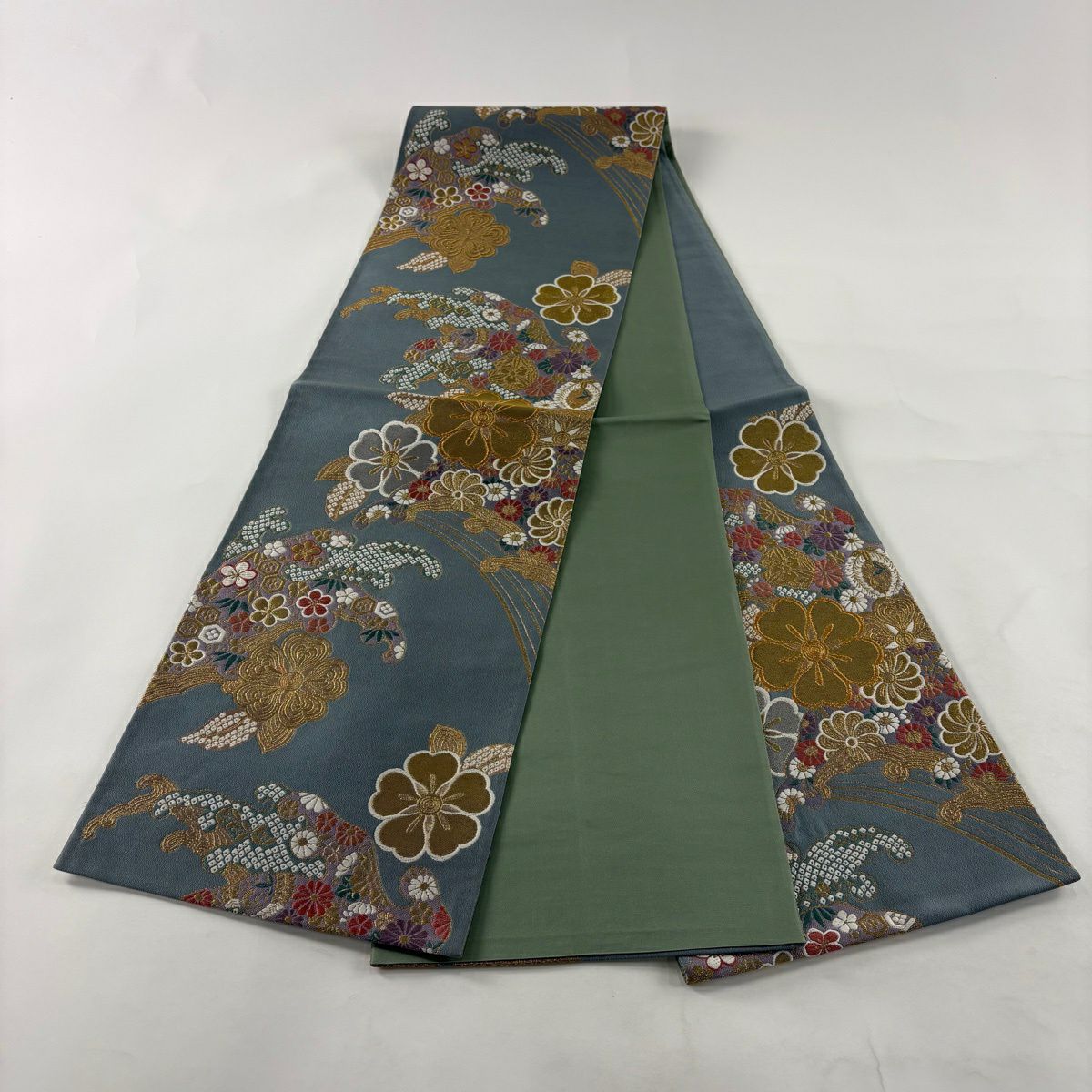 【美品】 袋帶 秀品級 樱花 波頭 金銀線 唐織 青灰 六通 純蠶絲