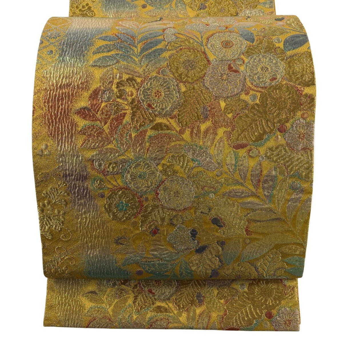 【美品】 袋帶 秀品級 草花紋紋 花唐草紋 金絲 金金箔 山吹 深藍 全通 純蠶絲