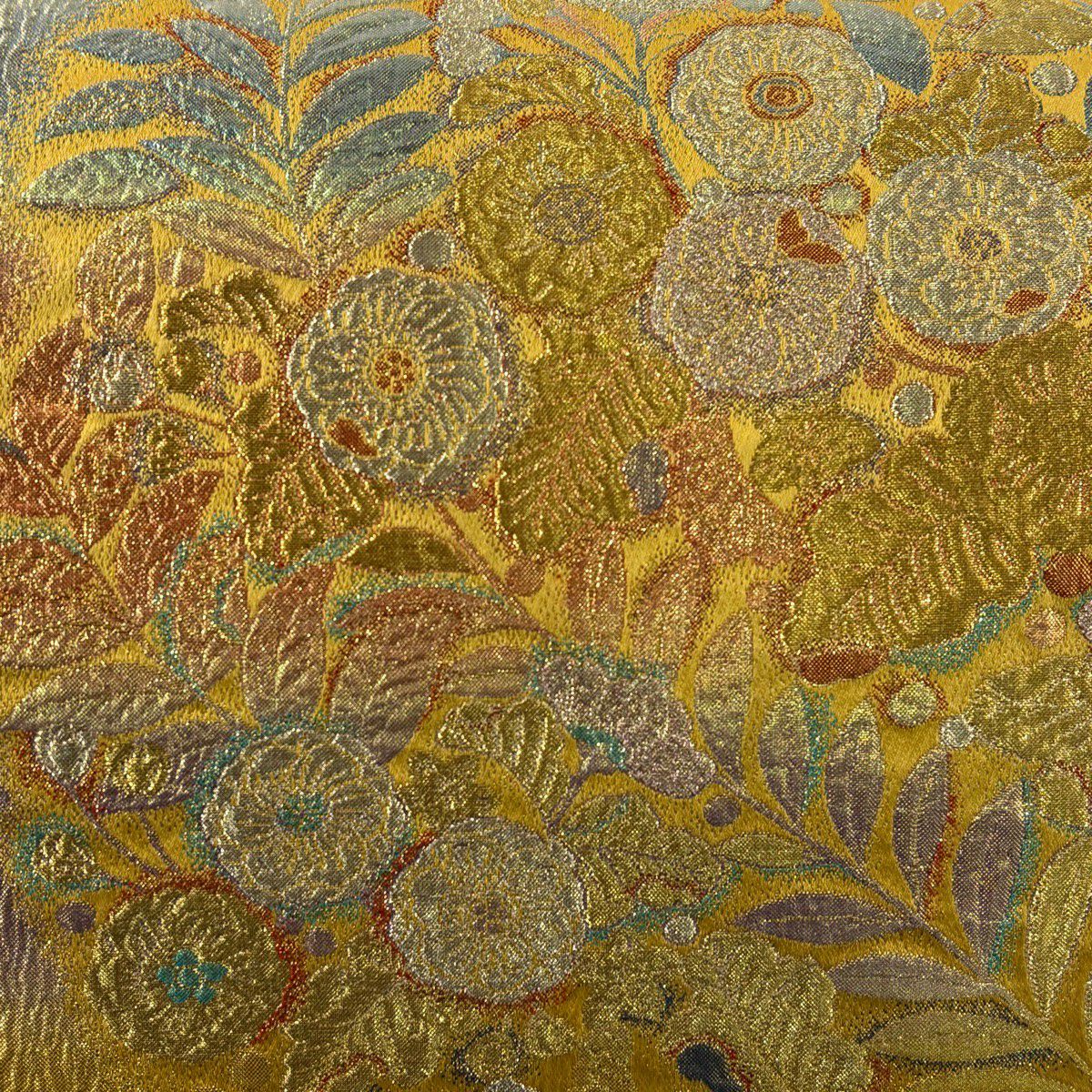 【美品】 袋帶 秀品級 草花紋紋 花唐草紋 金絲 金金箔 山吹 深藍 全通 純蠶絲