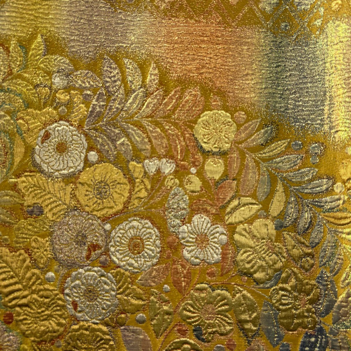 【美品】 袋帶 秀品級 草花紋紋 花唐草紋 金絲 金金箔 山吹 深藍 全通 純蠶絲