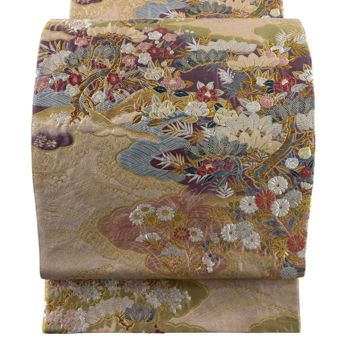 【美品】 袋帶 秀品級 雲取御所解文 松樹竹子梅花 金銀彩 金金箔 米色 六通 純蠶絲