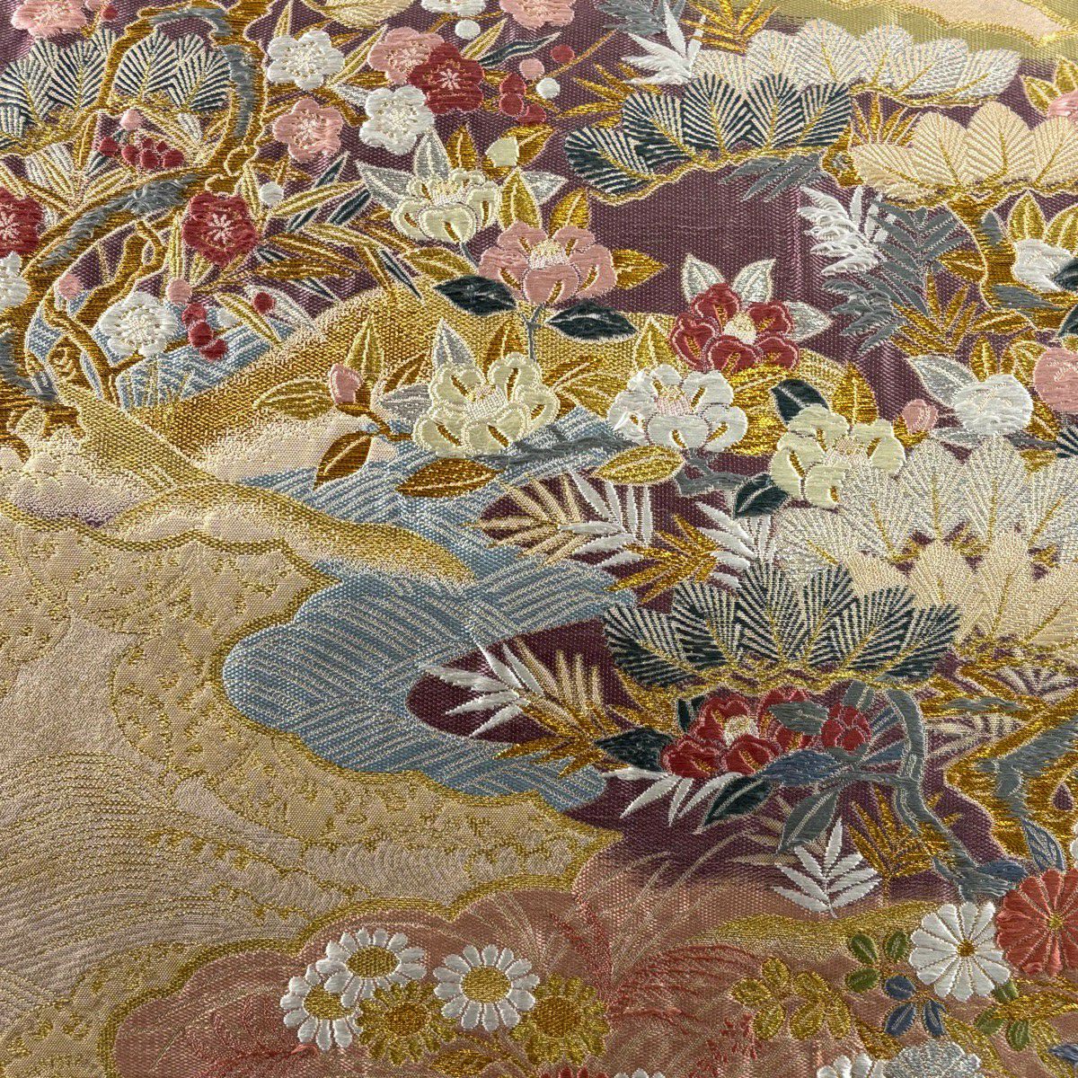 【美品】 袋帶 秀品級 雲取御所解文 松樹竹子梅花 金銀彩 金金箔 米色 六通 純蠶絲