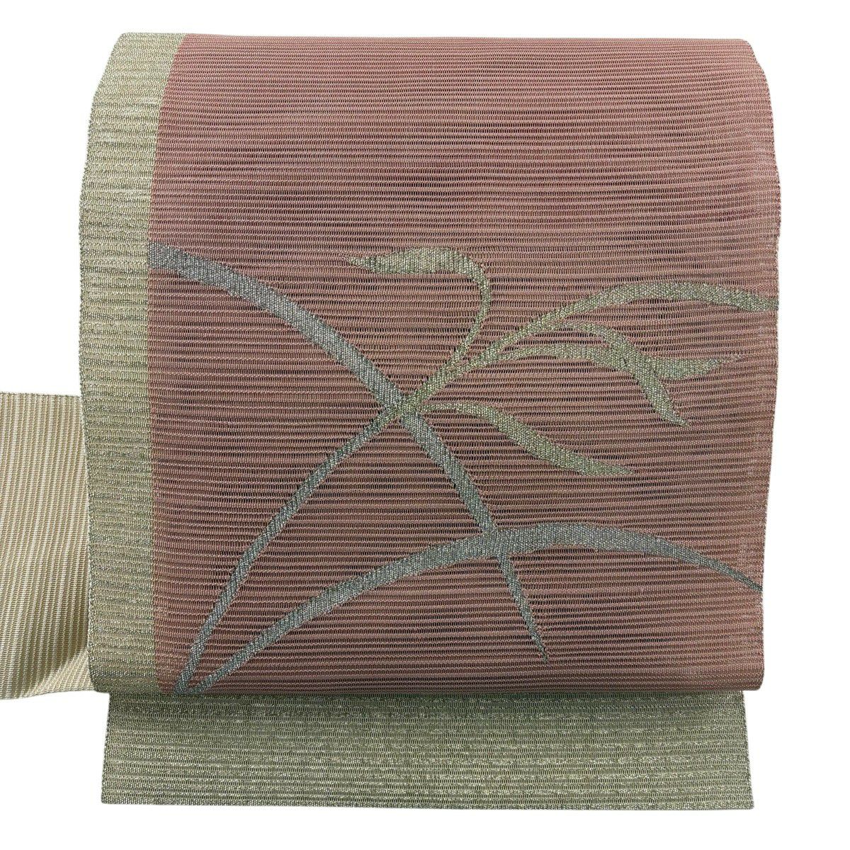 【美品】名古屋帶 優品級 八寸名古屋帶 夏帶 絽 葉紋 金銀彩 米色 純蠶絲