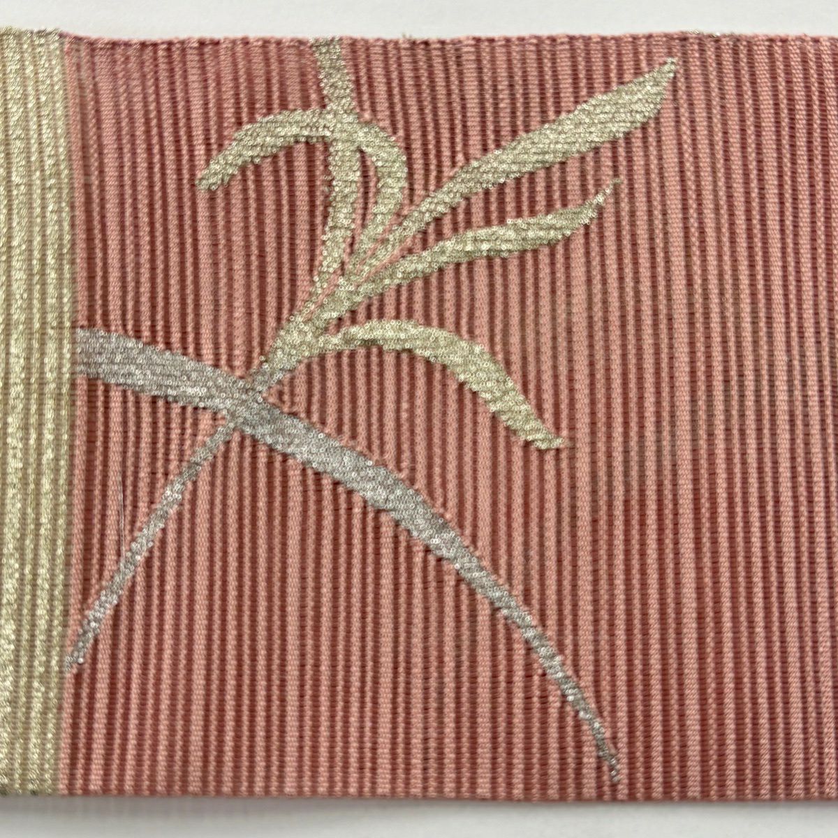 【美品】名古屋帶 優品級 八寸名古屋帶 夏帶 絽 葉紋 金銀彩 米色 純蠶絲