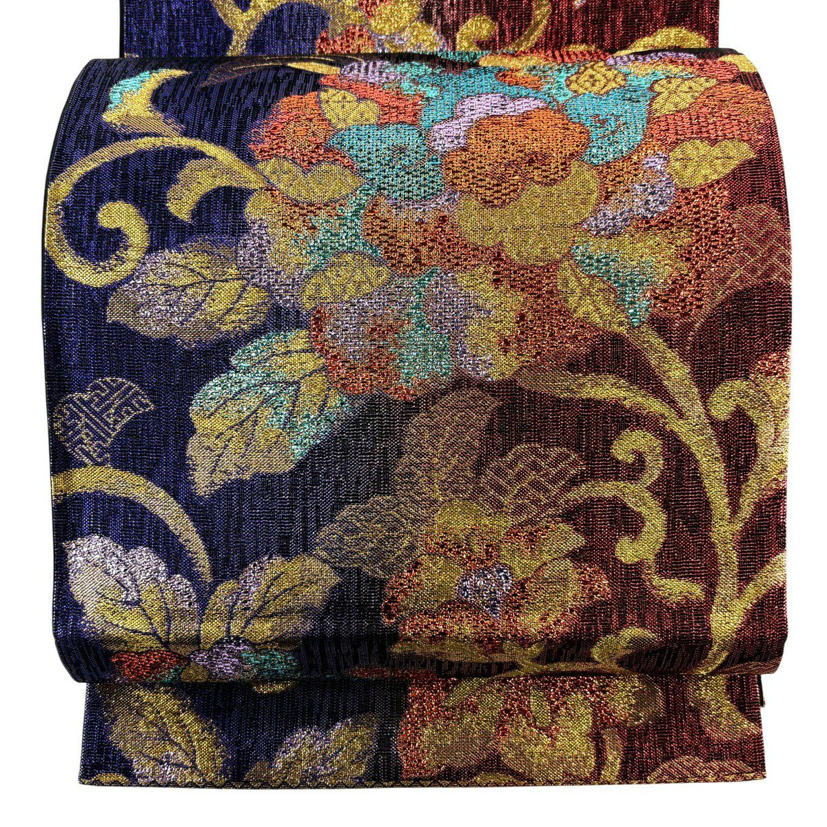 【美品】 袋帶 秀品級 證書齊全 花唐草紋 金金箔 金絲 紫色 六通 純蠶絲
