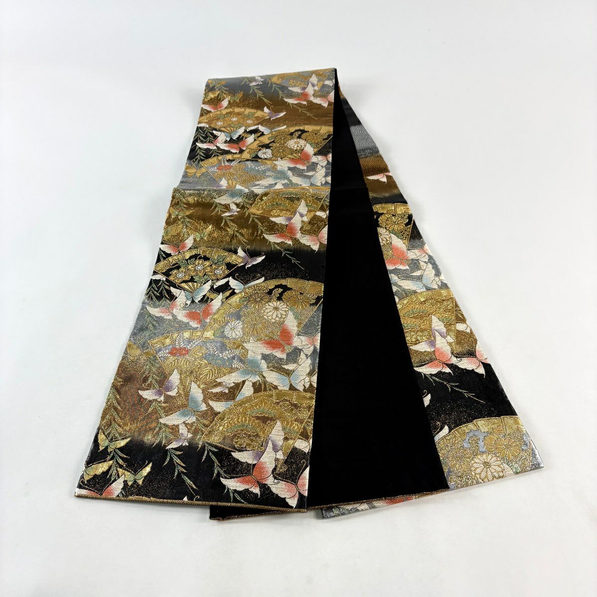 袋帶 秀品級 檜扇子 蝶 金金箔 金絲 黑 六通 純蠶絲