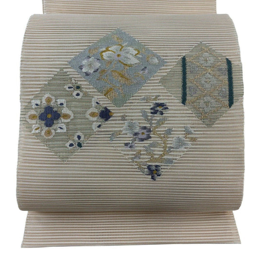 名古屋帶 秀品級 夏帶 絽 八寸名古屋帶 松樹葉仕立 雜色仕立 草花紋紋 菱紋 金銀彩 奶油色 純蠶絲