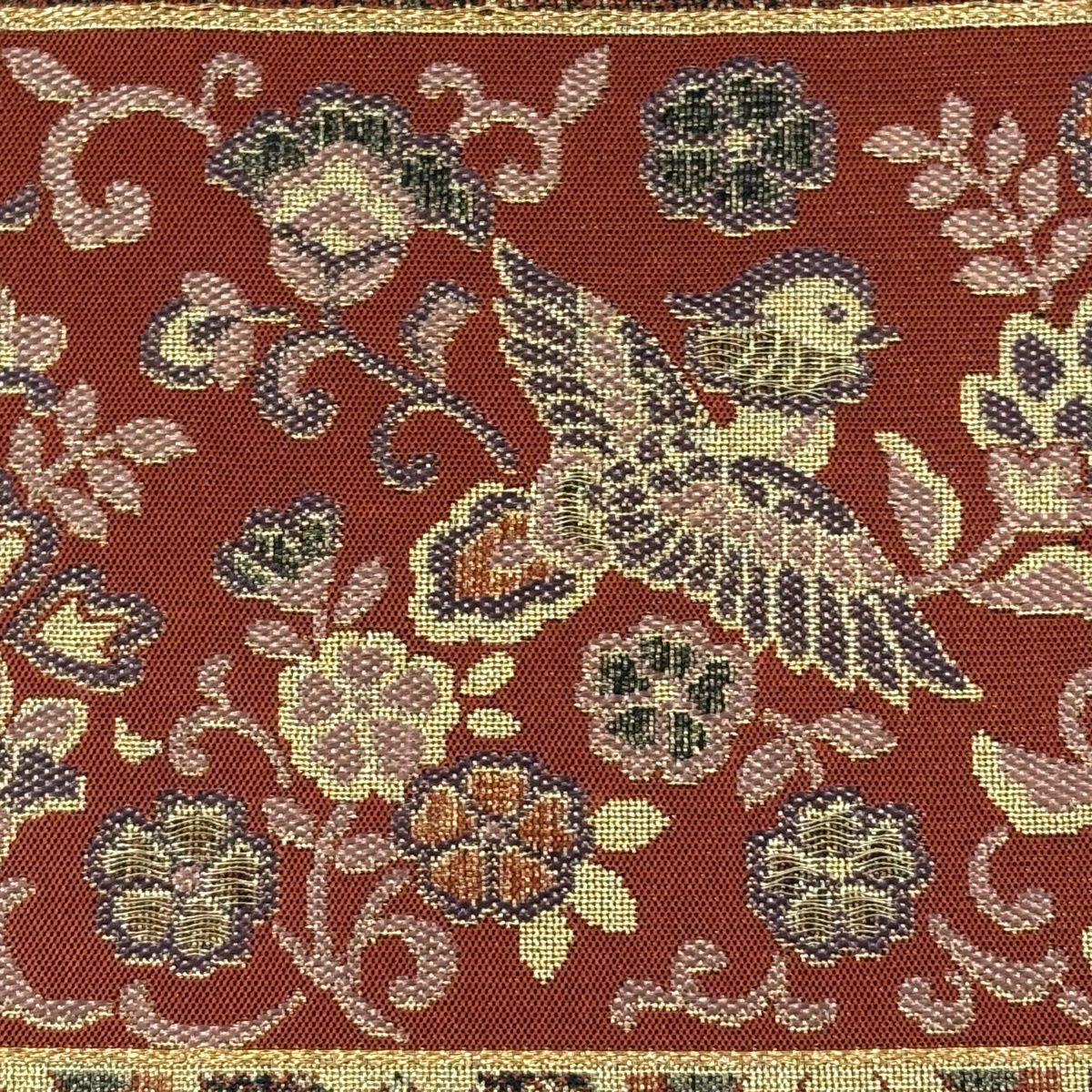 袋帶 秀品級 花鳥 花唐草紋 金絲 紅茶 六通 純蠶絲