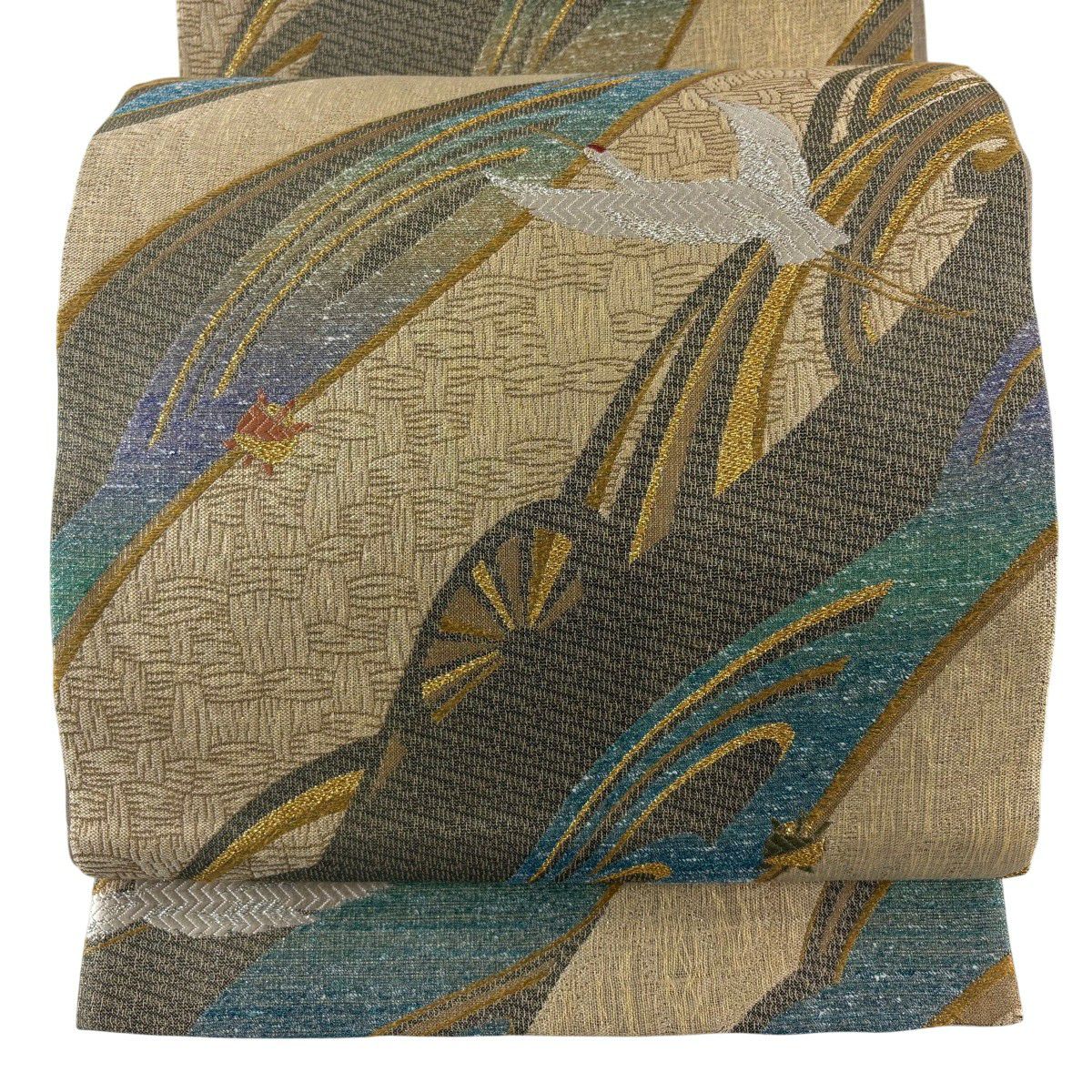 【美品】 袋帶 秀品級 仙鶴 糸卷 金金箔 金絲 米色 六通 純蠶絲
