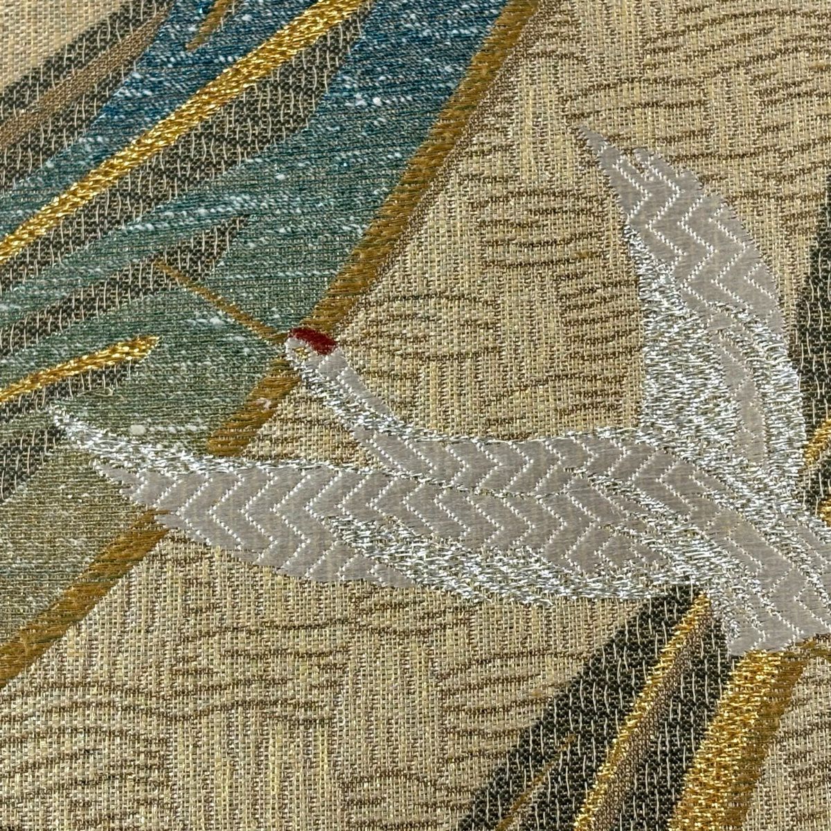【美品】 袋帶 秀品級 仙鶴 糸卷 金金箔 金絲 米色 六通 純蠶絲