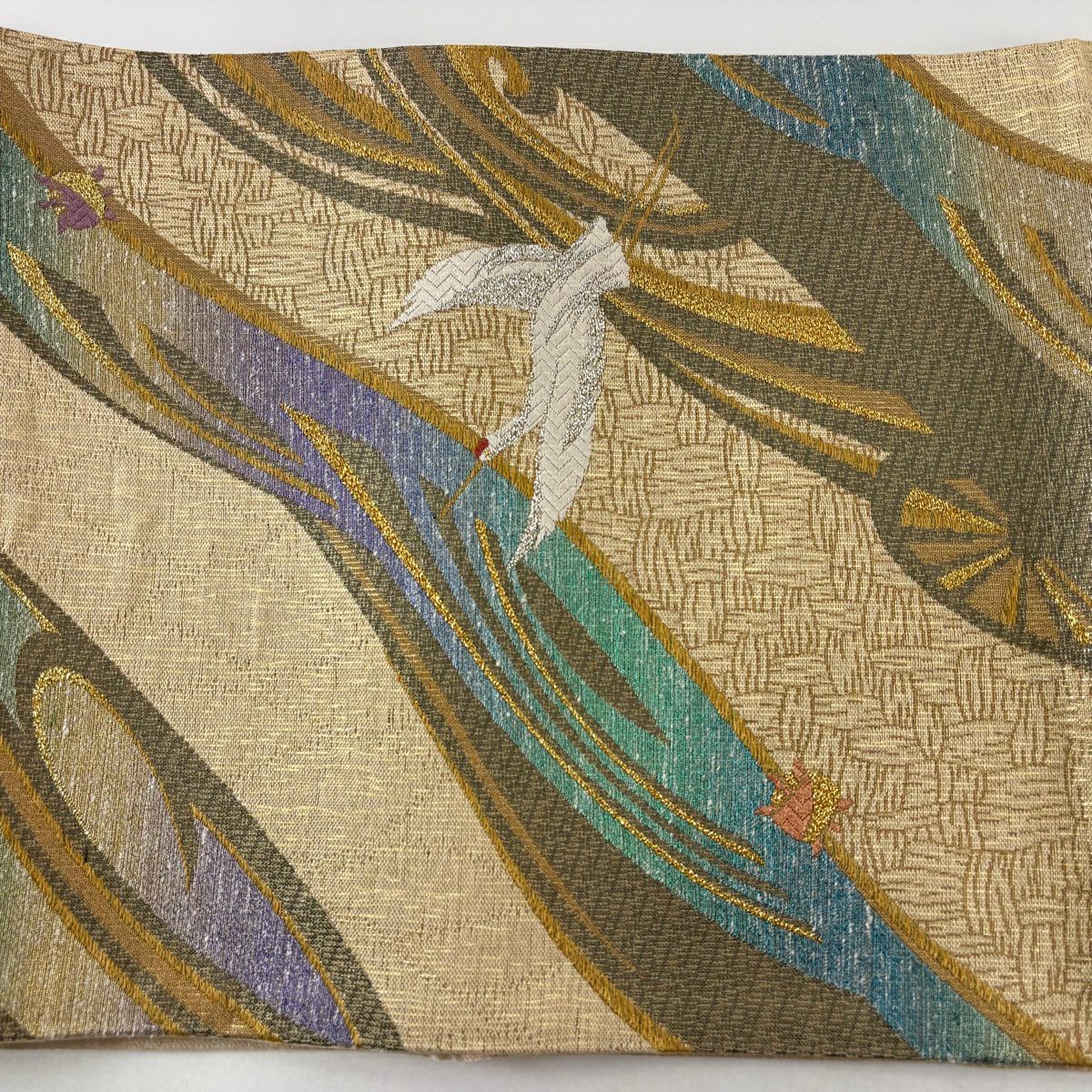 【美品】 袋帶 秀品級 仙鶴 糸卷 金金箔 金絲 米色 六通 純蠶絲