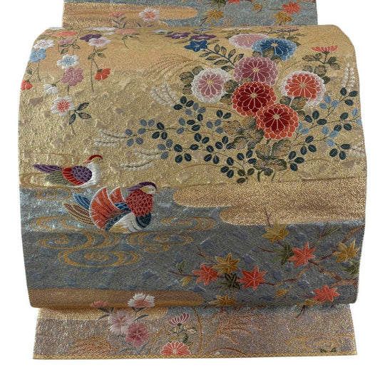 袋帶 秀品級 關西仕立 雙鴛鴦 春秋花園紋 金絲 金金箔 金色 六通 純蠶絲
