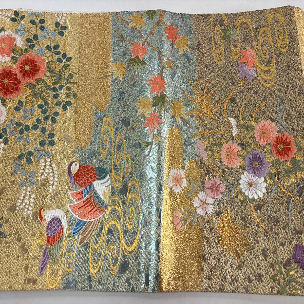 袋帶 秀品級 關西仕立 雙鴛鴦 春秋花園紋 金絲 金金箔 金色 六通 純蠶絲
