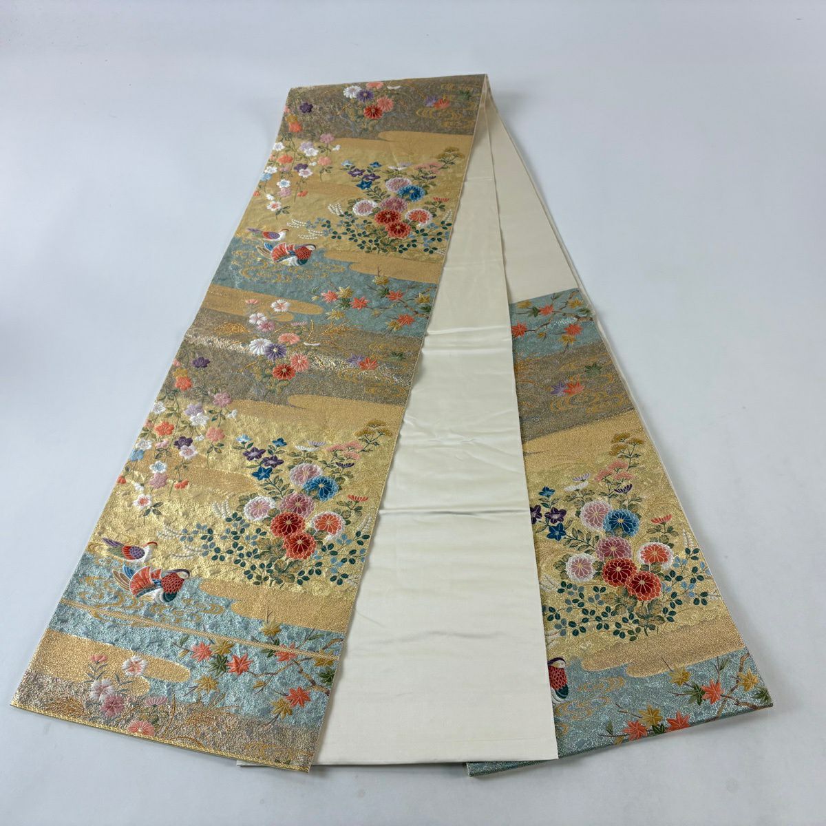 袋帶 秀品級 關西仕立 雙鴛鴦 春秋花園紋 金絲 金金箔 金色 六通 純蠶絲