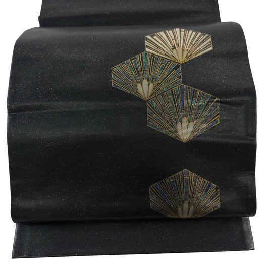 袋帶 秀品級 松樹 金銀彩 黑 お太鼓圖案 純蠶絲