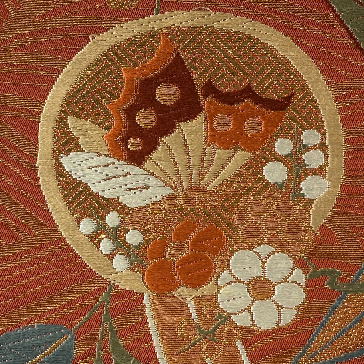 袋帶 秀品級 蝶 草花紋刺繡 金絲 茜 深紅 六通 純蠶絲