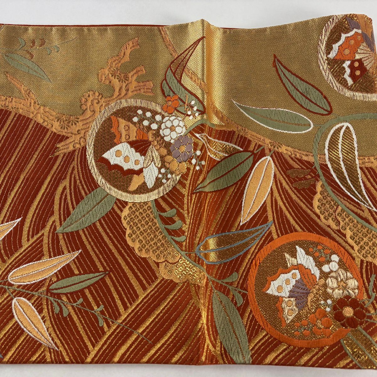 袋帶 秀品級 蝶 草花紋刺繡 金絲 茜 深紅 六通 純蠶絲