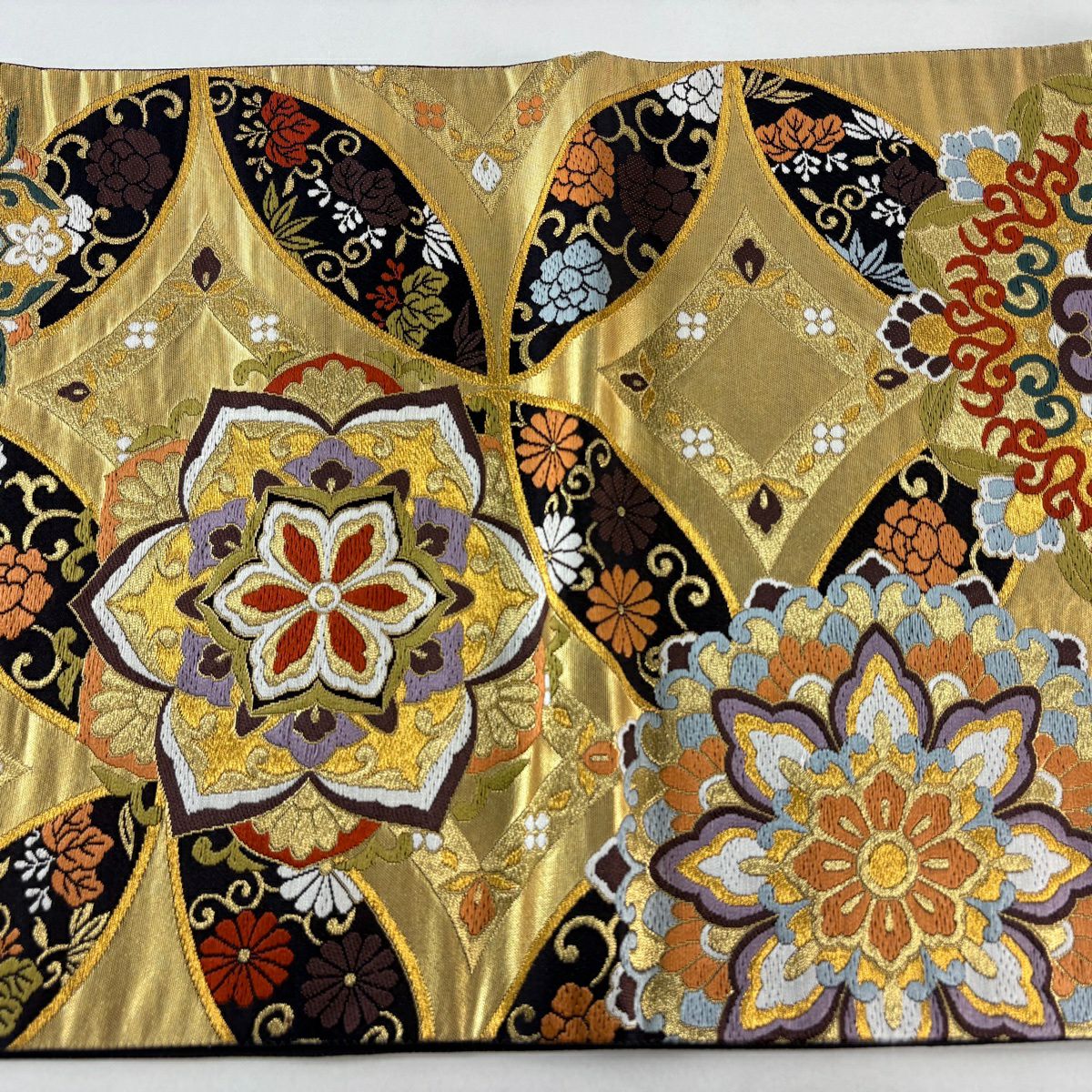 袋帶 秀品級 華紋 七寶刺繡 金線 金 六通 純蠶絲