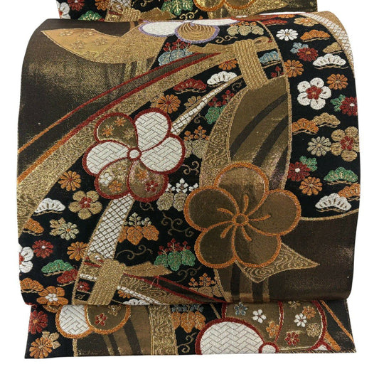 袋帶 秀品級 梅花 束熨斗紋 刺繡 金絲 金茶 六通 純蠶絲
