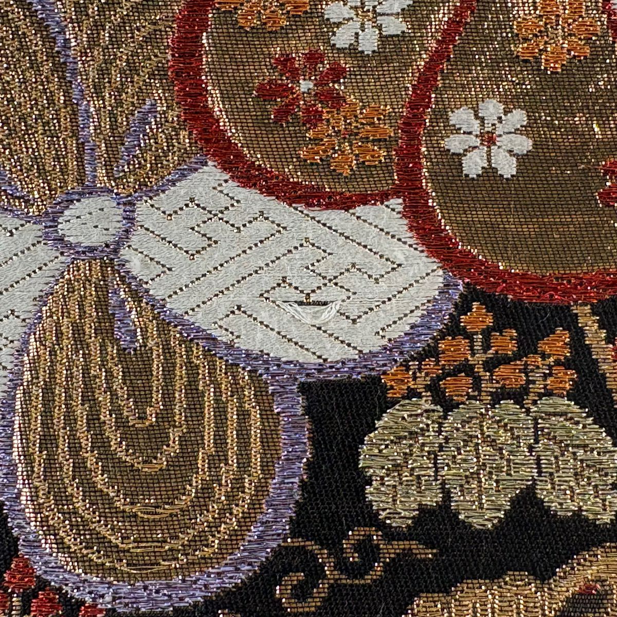 袋帶 秀品級 梅花 束熨斗紋 刺繡 金絲 金茶 六通 純蠶絲