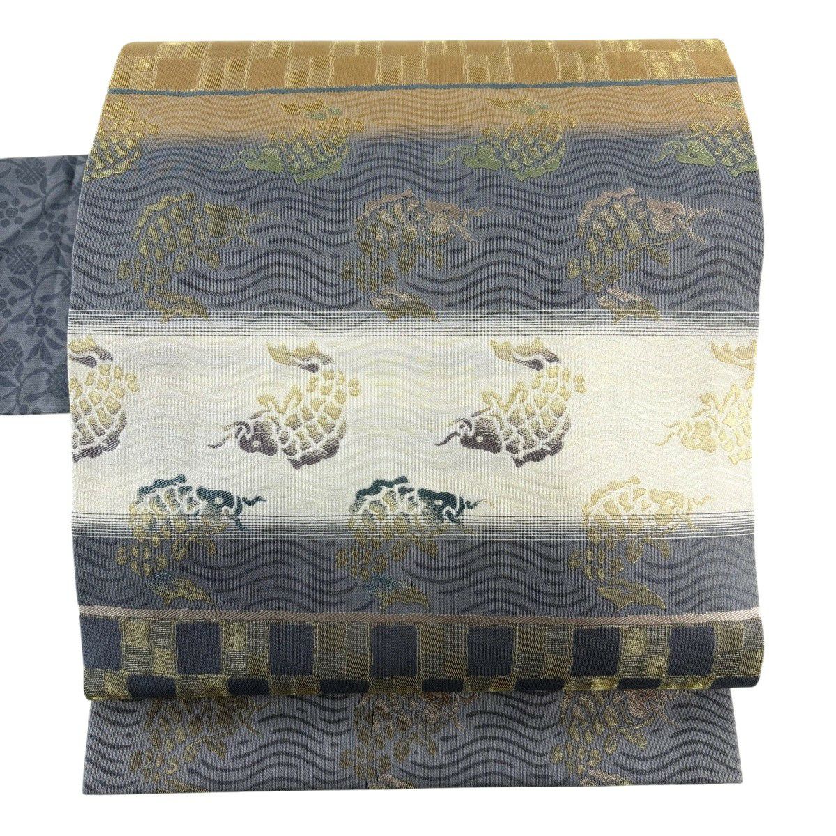 【美品】名古屋帶 秀品級 荒磯 市松樹 金絲 灰紫 純蠶絲