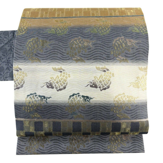 【美品】名古屋帶 秀品級 荒磯 市松樹 金絲 灰紫 純蠶絲