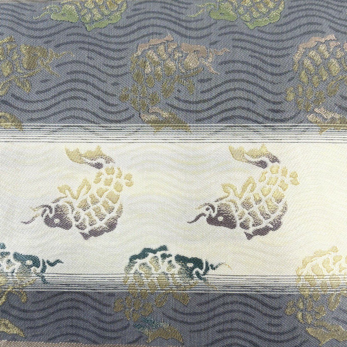 【美品】名古屋帶 秀品級 荒磯 市松樹 金絲 灰紫 純蠶絲