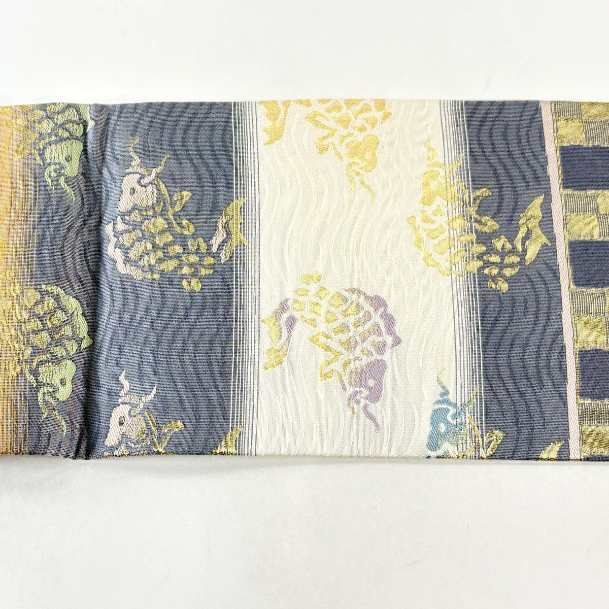 【美品】名古屋帶 秀品級 荒磯 市松樹 金絲 灰紫 純蠶絲