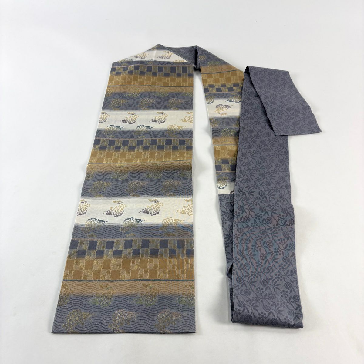 【美品】名古屋帶 秀品級 荒磯 市松樹 金絲 灰紫 純蠶絲