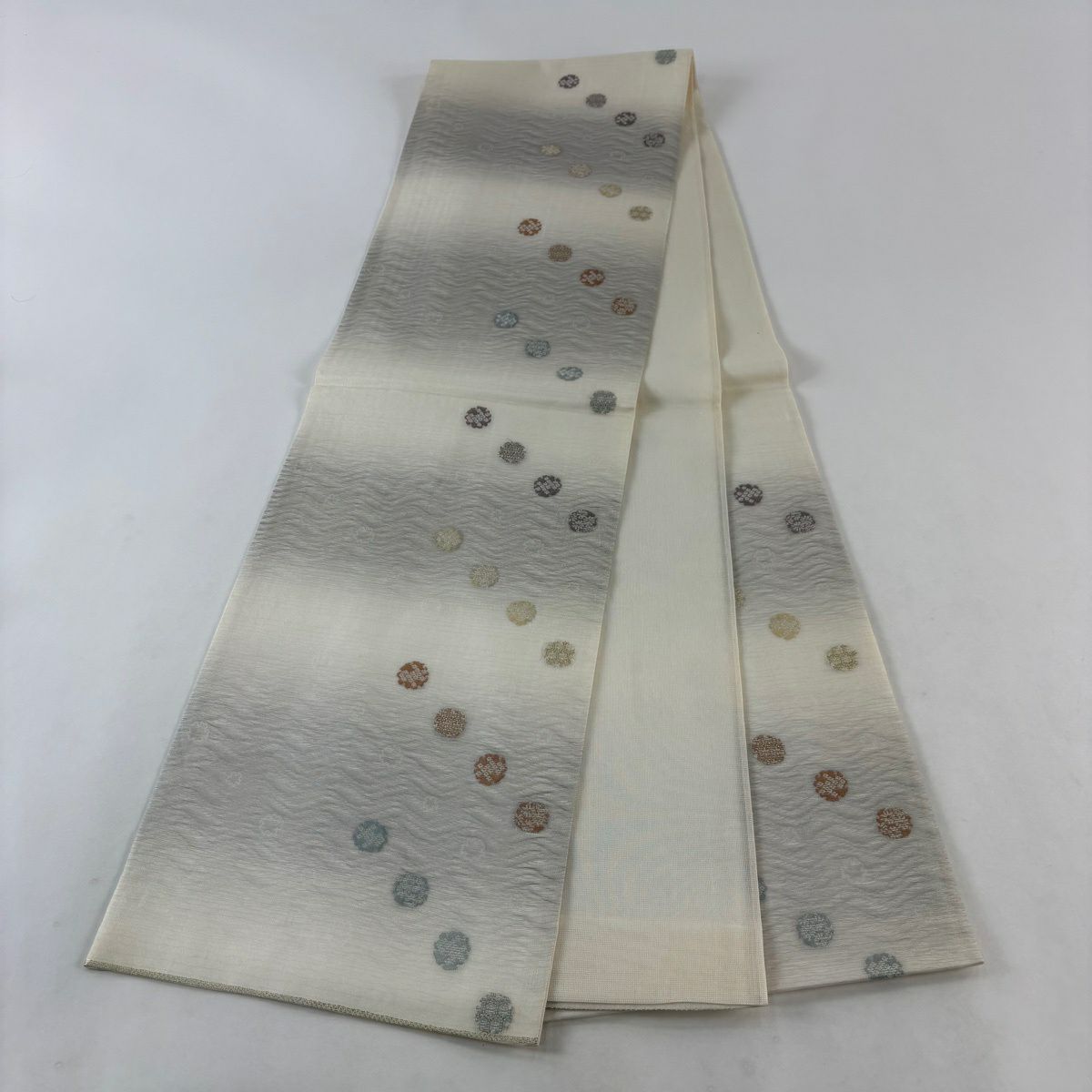 【美品】 袋帶 秀品級 夏帶 雪輪 花 金絲 奶油 六通 純蠶絲