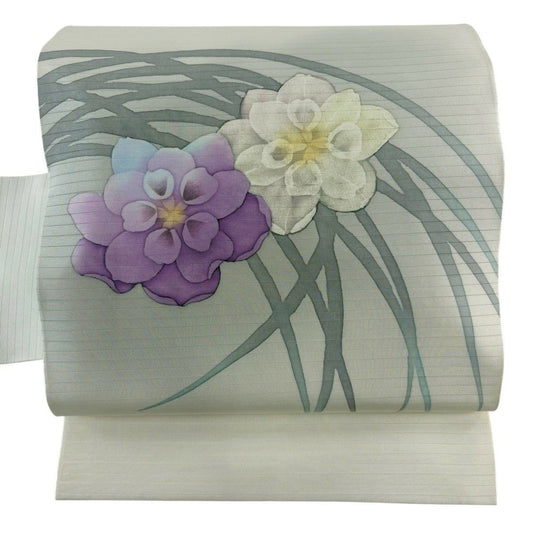 【美品】 名古屋帶 秀品級 落款 夏帶 絽 草花紋紋 漸層 奶油色 純蠶絲