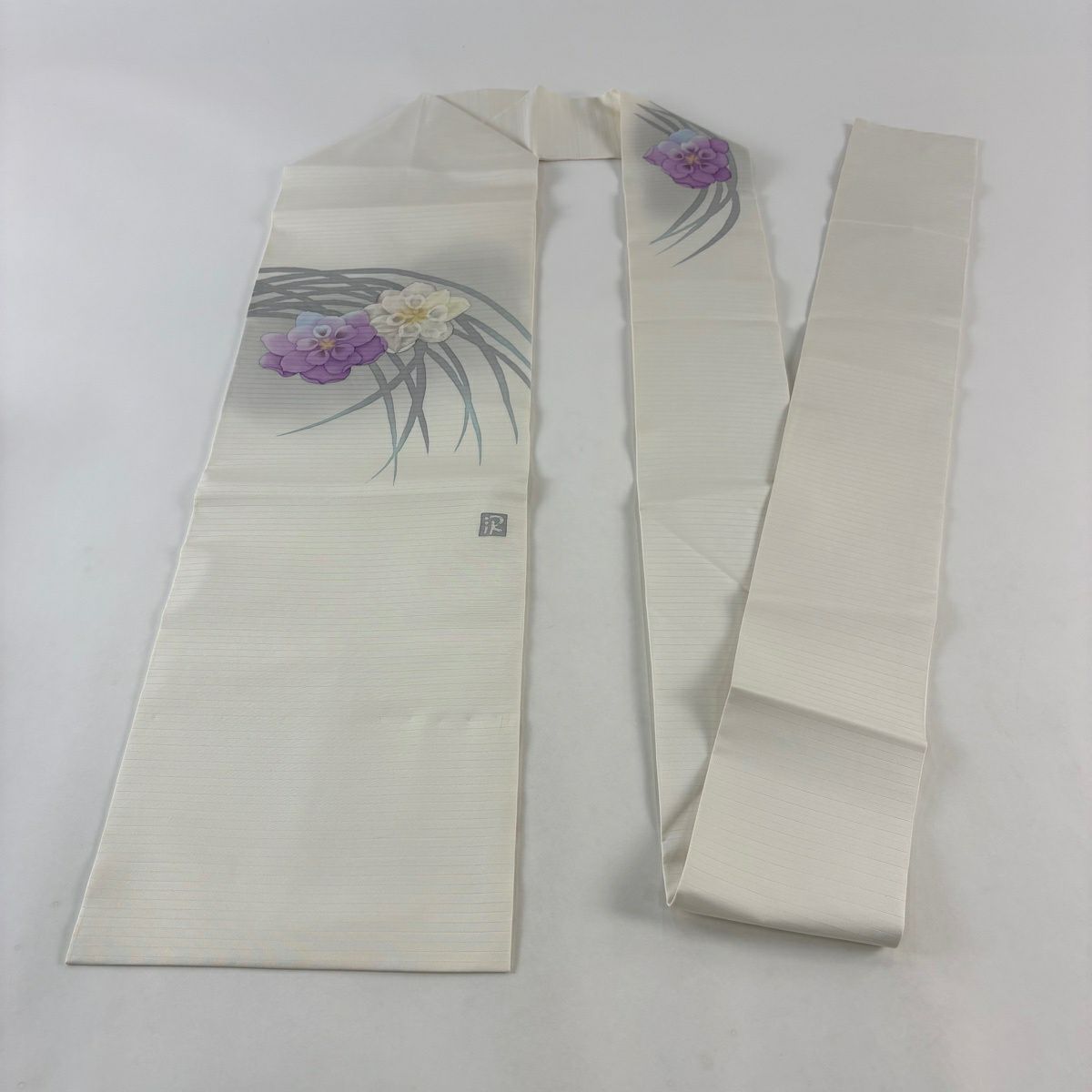 【美品】 名古屋帶 秀品級 落款 夏帶 絽 草花紋紋 漸層 奶油色 純蠶絲