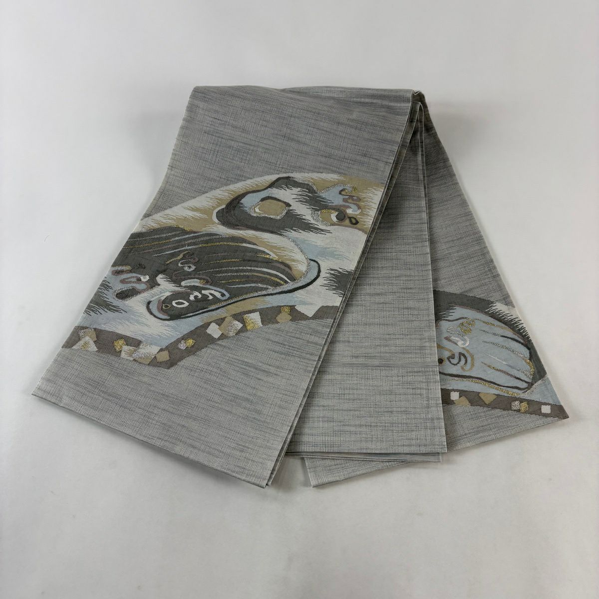 【美品】 袋帶 秀品級 夏帶 波 波頭 金銀絲 灰綠 お太鼓圖案 純蠶絲