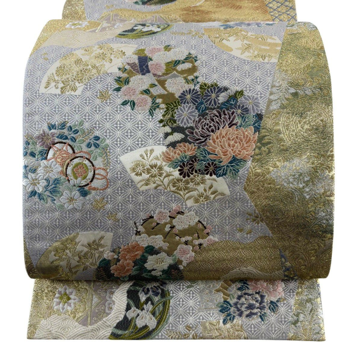 【美品】 袋帶 秀品級 花丸紋 華紋 金銀線 金金箔 金色 六通 純蠶絲