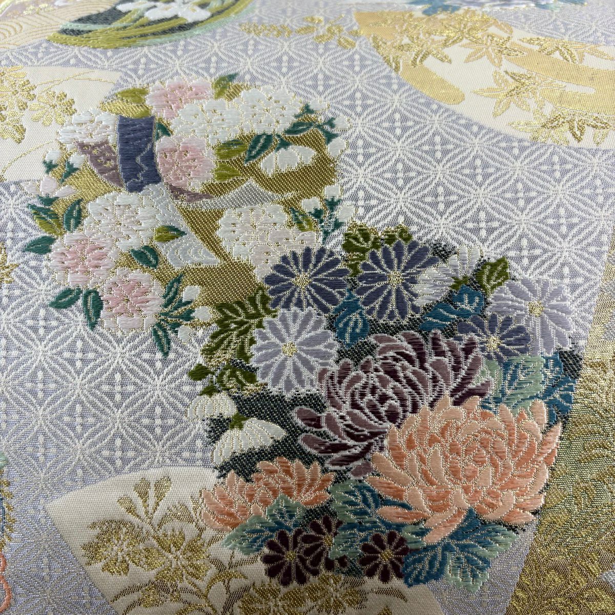 【美品】 袋帶 秀品級 花丸紋 華紋 金銀線 金金箔 金色 六通 純蠶絲