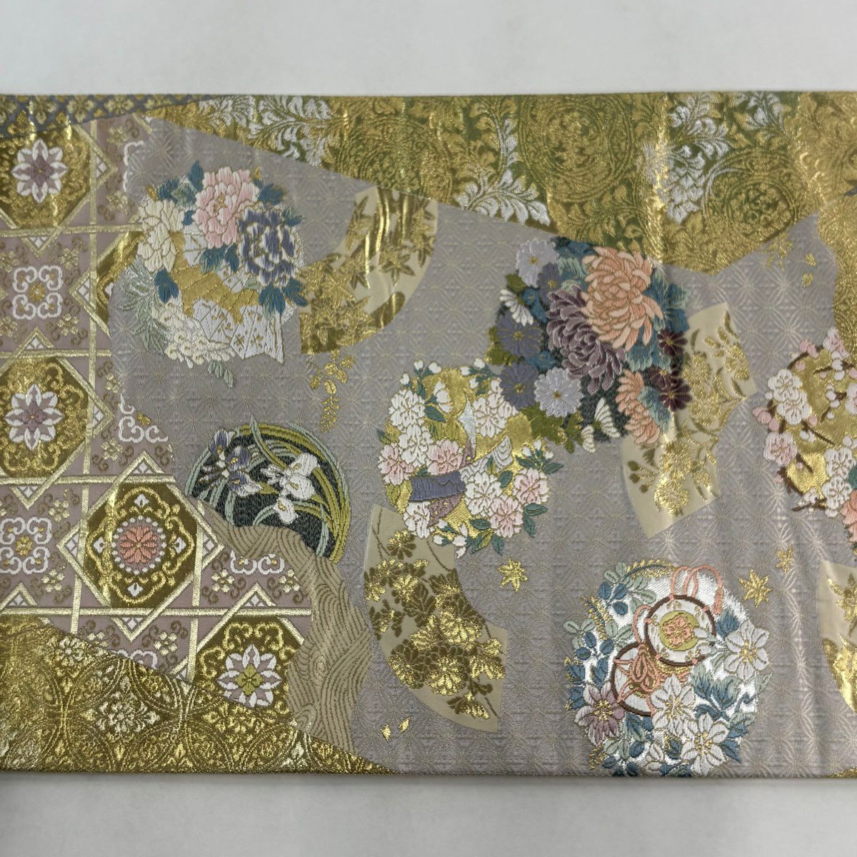 【美品】 袋帶 秀品級 花丸紋 華紋 金銀線 金金箔 金色 六通 純蠶絲
