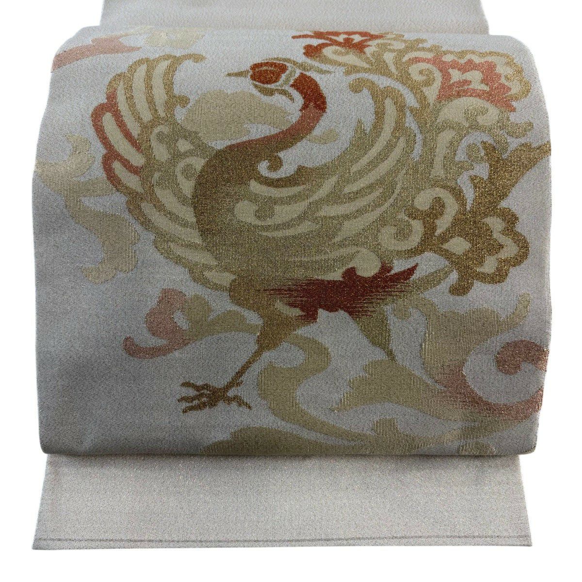 【美品】 袋帶 秀品級 關西仕立 雛鳳凰 唐草紋 金絲 金通 褐色 大鼓圖案 純蠶絲