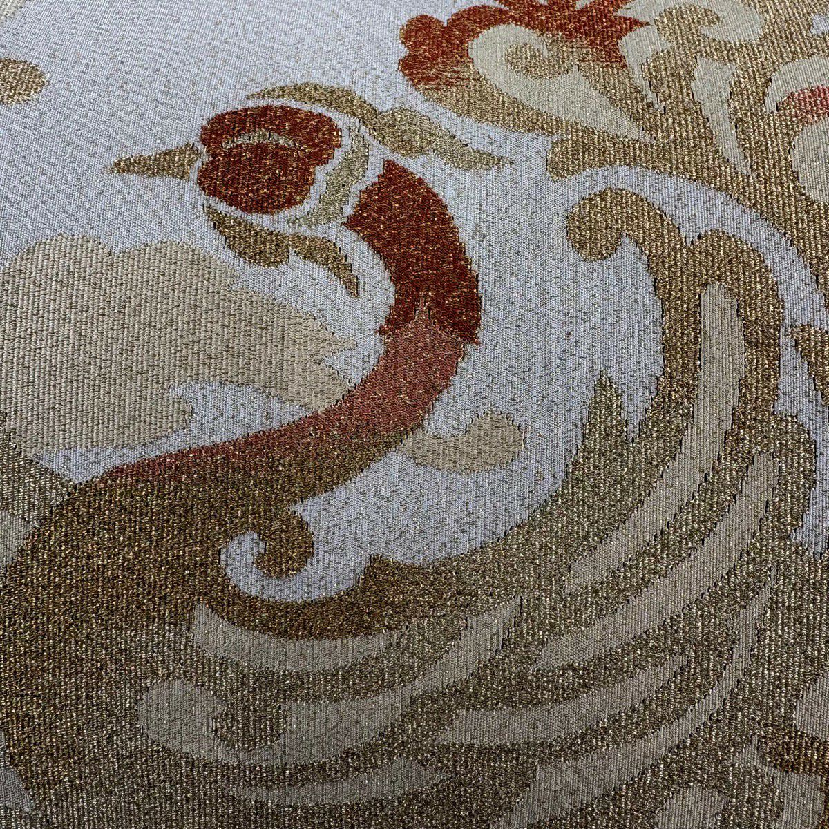 【美品】 袋帶 秀品級 關西仕立 雛鳳凰 唐草紋 金絲 金通 褐色 大鼓圖案 純蠶絲