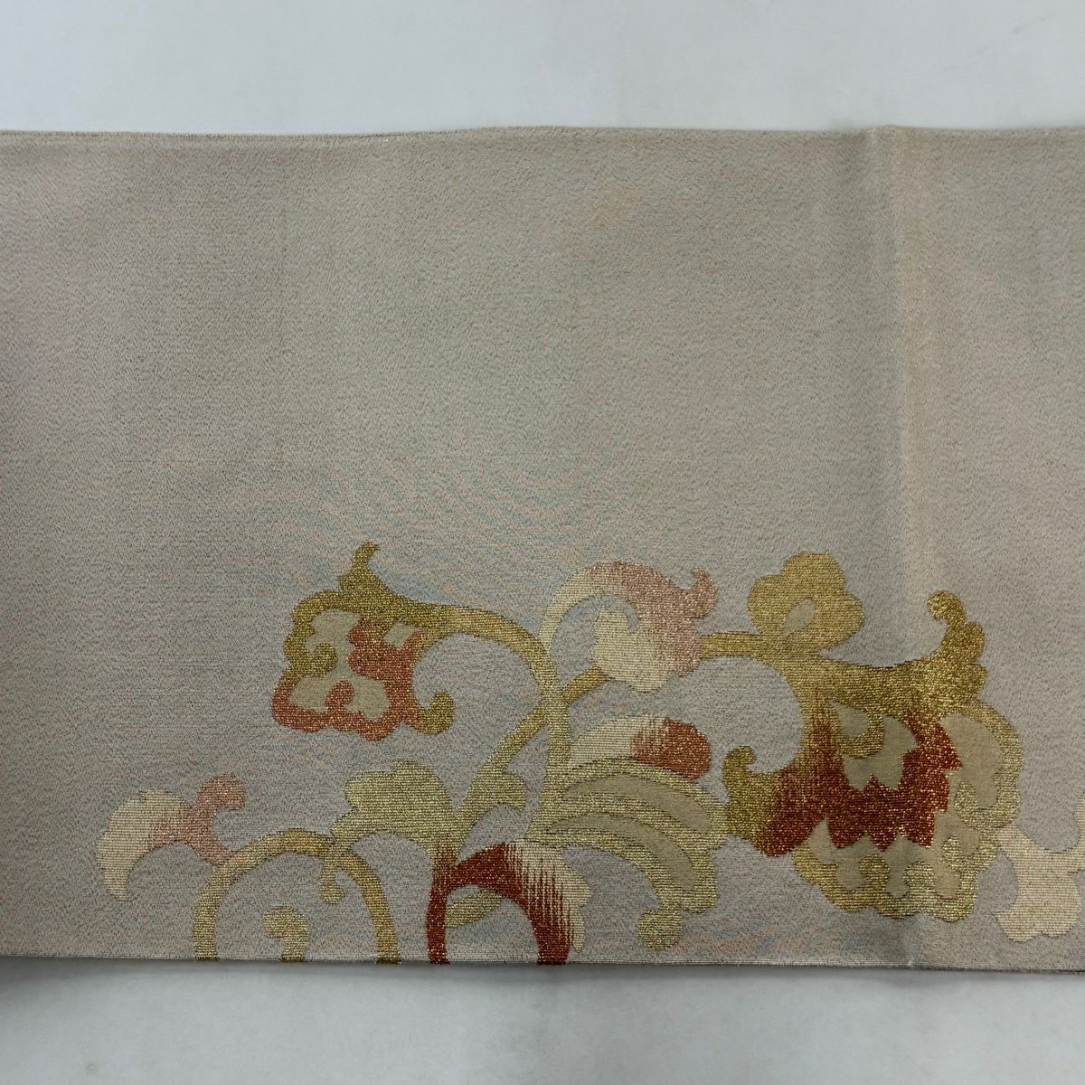 【美品】 袋帶 秀品級 關西仕立 雛鳳凰 唐草紋 金絲 金通 褐色 大鼓圖案 純蠶絲